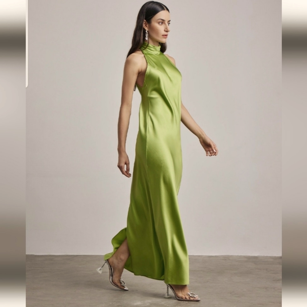 Lime Halter Cocktail Silk Maxi Dress (Lime Green) - Silk Maison